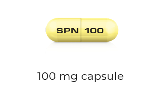 Qelbree 100 mg yellow capsule imprinted with "SPN 100"