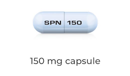 Qelbree 150 mg light blue capsule imprinted with "SPN 150"