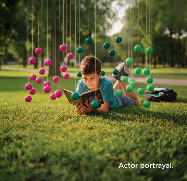 A young boy reads a book in the park laying on his stomach