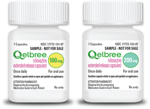 Two sample bottles of Qelbree (viloxazine) extended-release capsules in 100 mg and 200 mg doses.